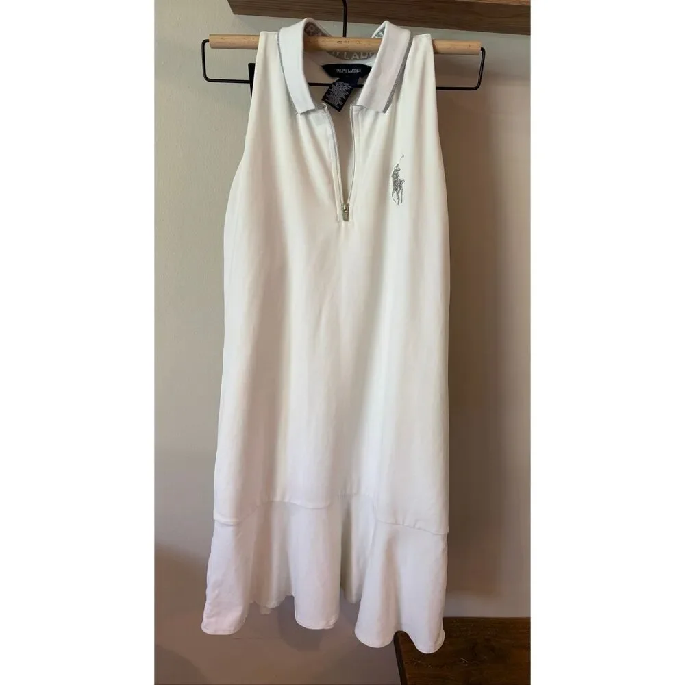 Ralph Lauren Girls White and Silver Drop Waist Tennis Dress, Big Pony- 10/12